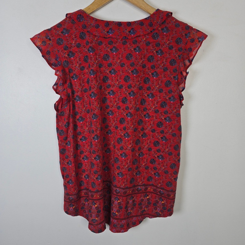 Lucky Brand Womens Red Floral Ruffle Cap Sleeve Boho V-Neck Top Medium - Picture 2 of 5